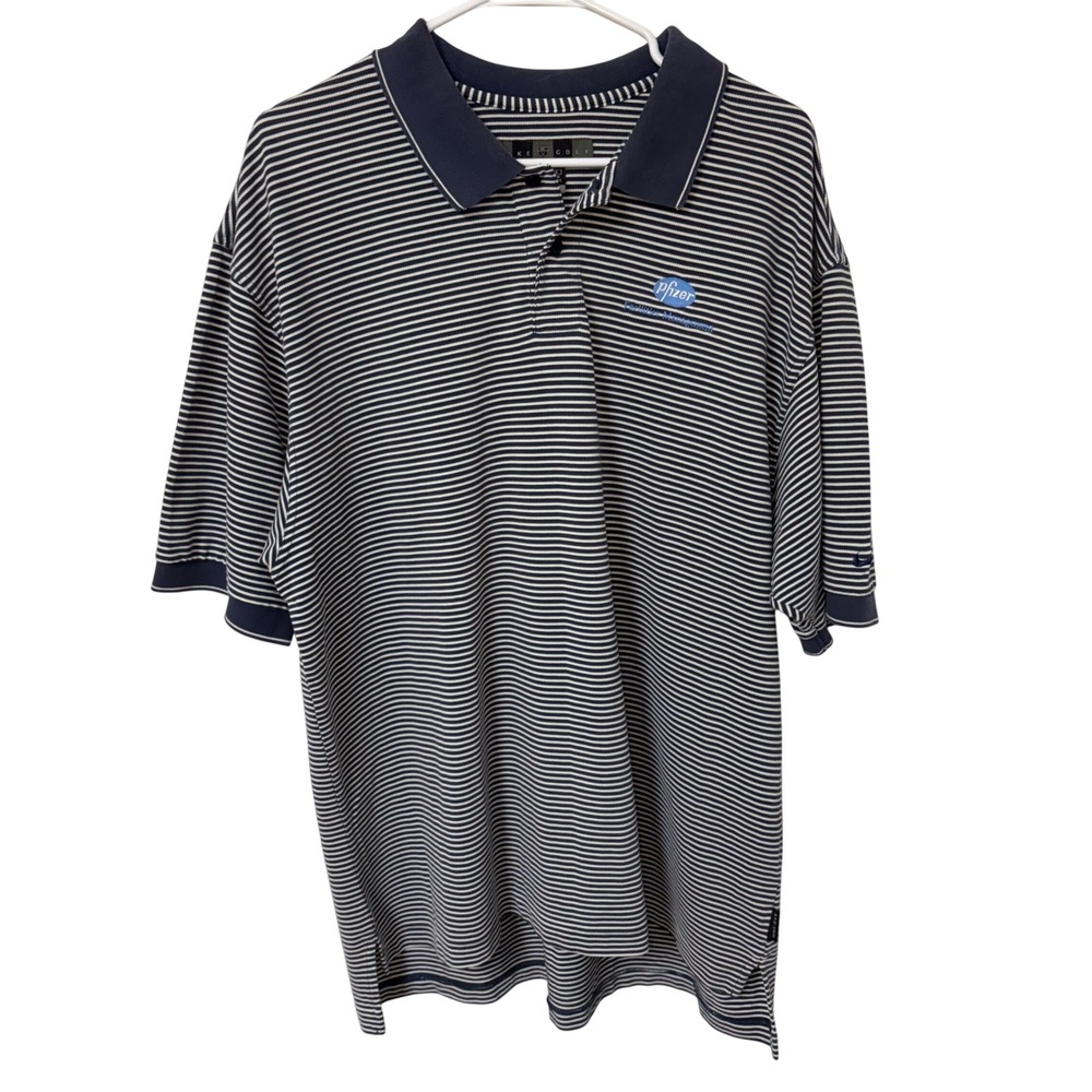Y2K Nike Golf Dri-FIT Polo Shirt Pfizer Logo‎ Mens XL Navy Blue White Stripes